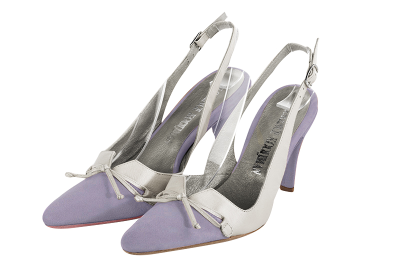 Lilac purple and pure white women's open back shoes, with a knot. Tapered toe. High slim heel. Front view - Florence KOOIJMAN